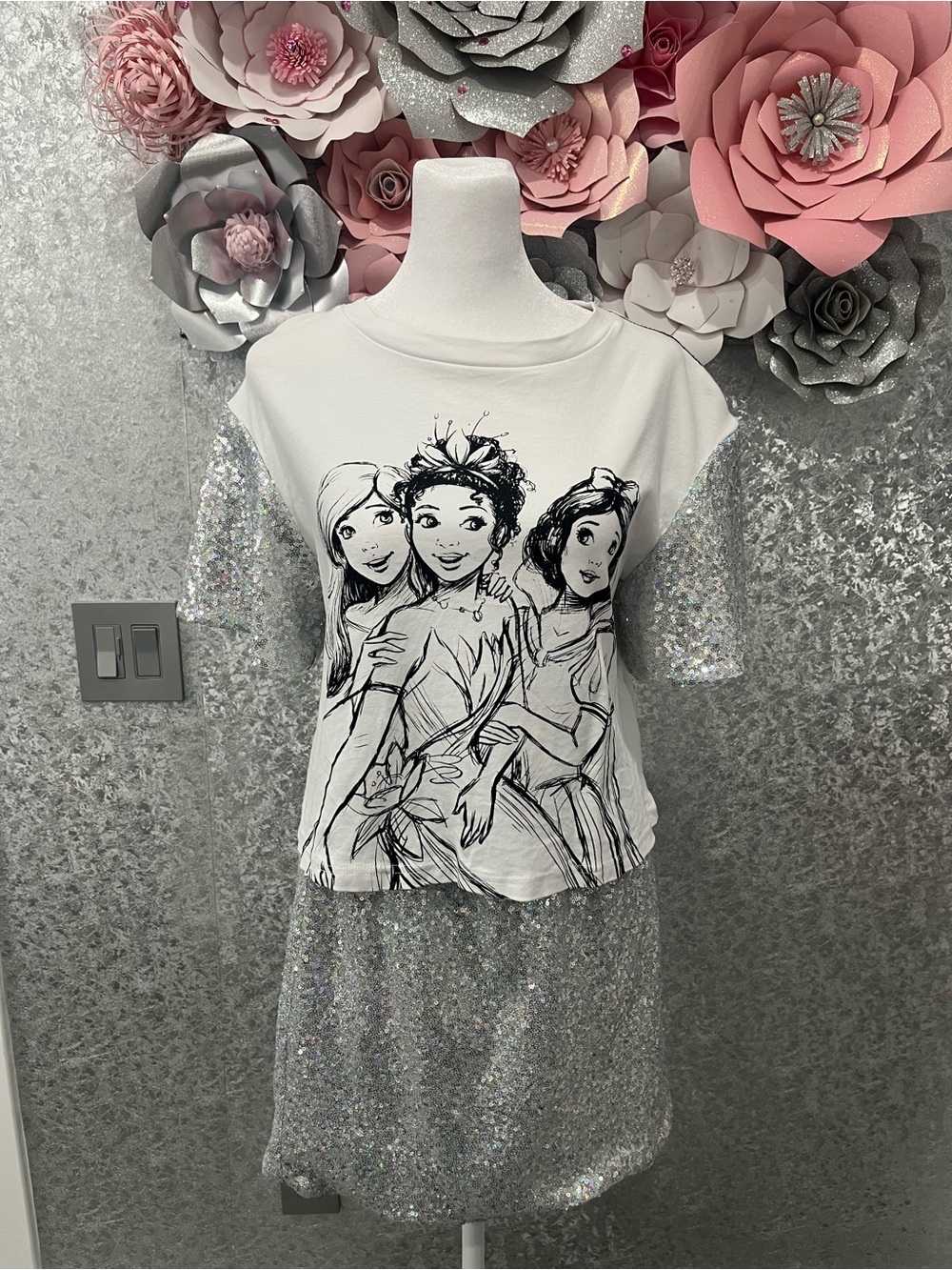Disney White & Silver Sequin Skirt Set with Princess Graphic Tee
